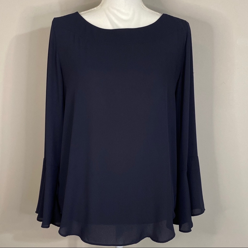 Ann Taylor Navy Blue Bell Sleeve Boat Neck Blouse